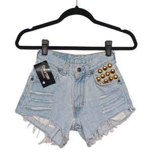 COAL N TERRY Upcycled Gold Studded Distressed Raw Hem Denim Jean Shorts XXS